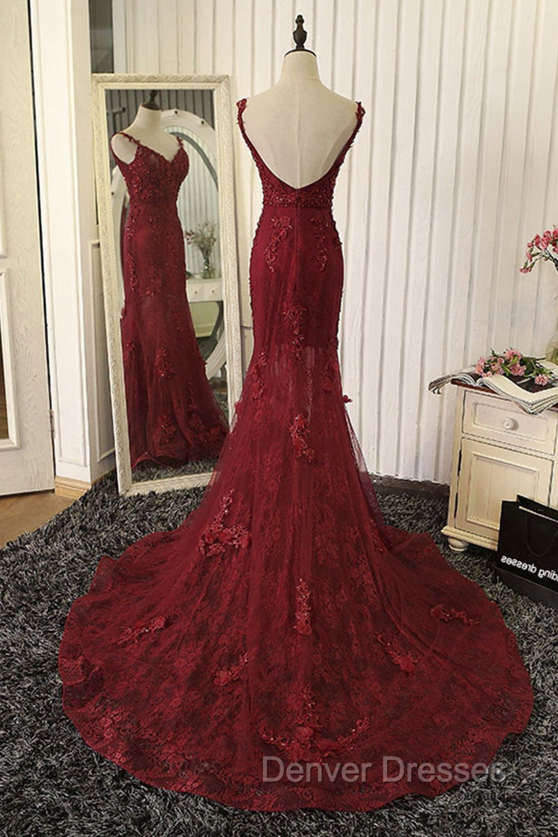 Red Mermaid Lace Long Prom Dress, Lace Mermaid Evening Dress Secondary image