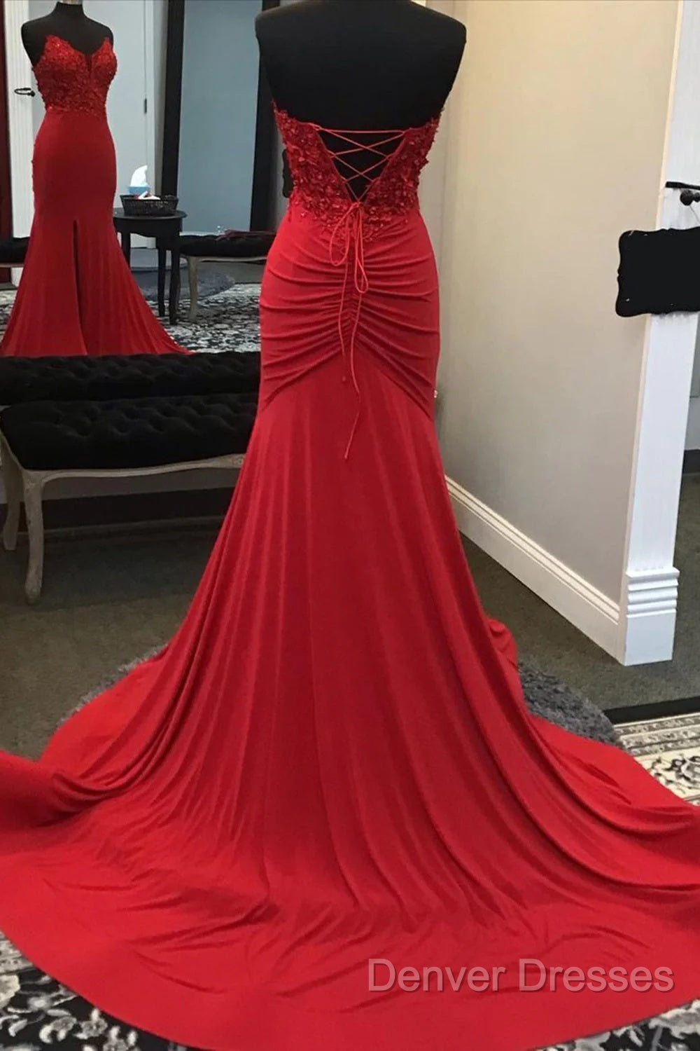 Red Mermaid Llong Prom Dress Appliques Slit Evening Dress
