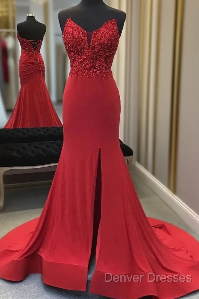 Red Mermaid Llong Prom Dress Appliques Slit Evening Dress