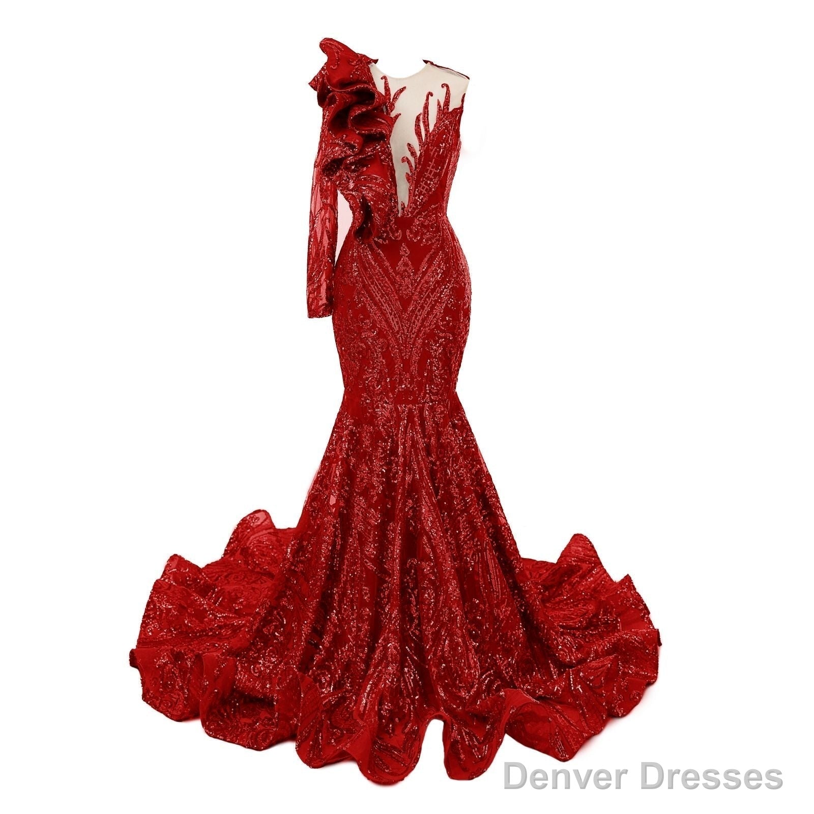 Red Mermaid One Sleeve Prom Dresses Sequined Lace Jewel Ruffles Evening Party Dress with Appliques Secondary image