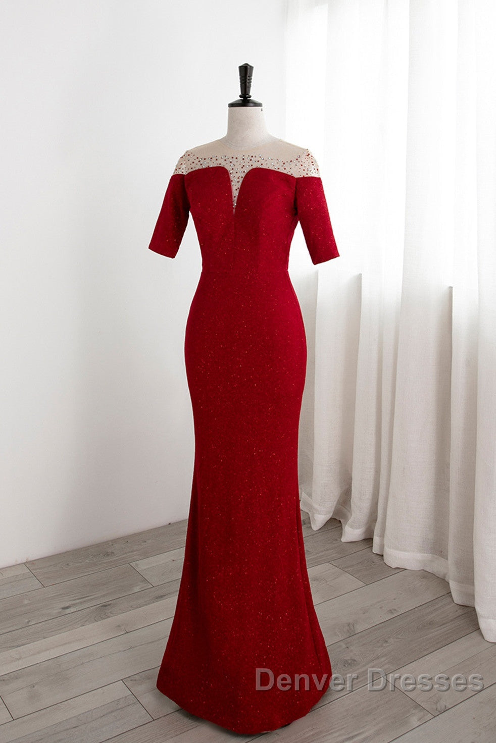 Red Mermaid Round Neckline Short Sleeves Party Dress, Red Evening Gown Secondary image