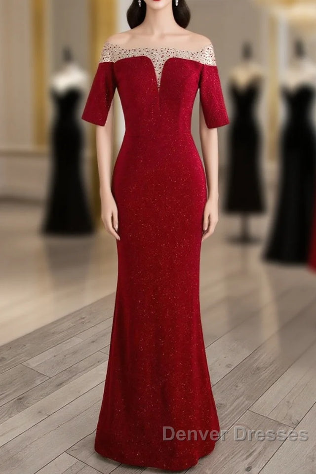 Red Mermaid Round Neckline Short Sleeves Party Dress, Red Evening Gown Main image