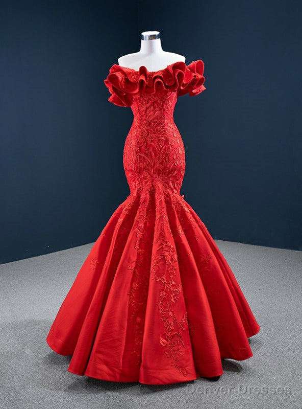 Red Mermaid Satin Off the Shoulder Appliques Ruffles Prom Dress Main image
