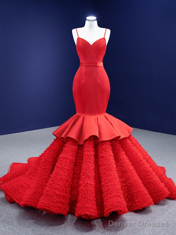 Red Mermaid Satin Tulle Spaghetti Straps Prom Dress Main image