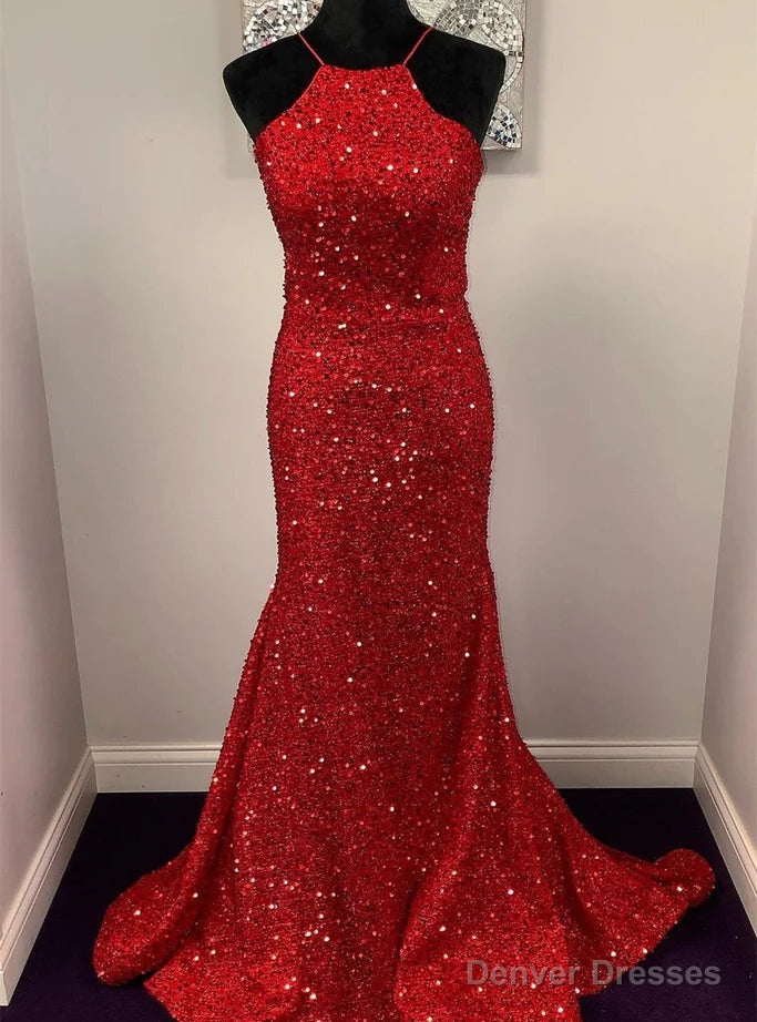 Red Mermaid Sequins Halter Backless Prom Dresses Main image