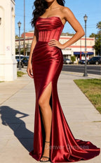 Red Mermaid Strapless Pleated Corset Prom Dress with Slit
