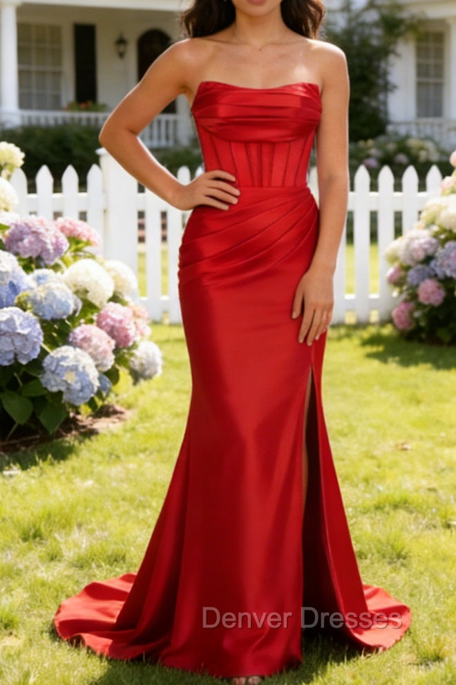 Red Mermaid Strapless Pleated Long Corset Prom Dress with Slit Main image