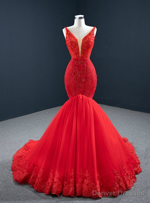 Red Mermaid Tulle Off the Shoulder Appliques Beading Prom Dress Main image