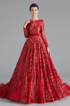 A-Line Luxury Sequins Long Sleeve Backless Prom Dresses