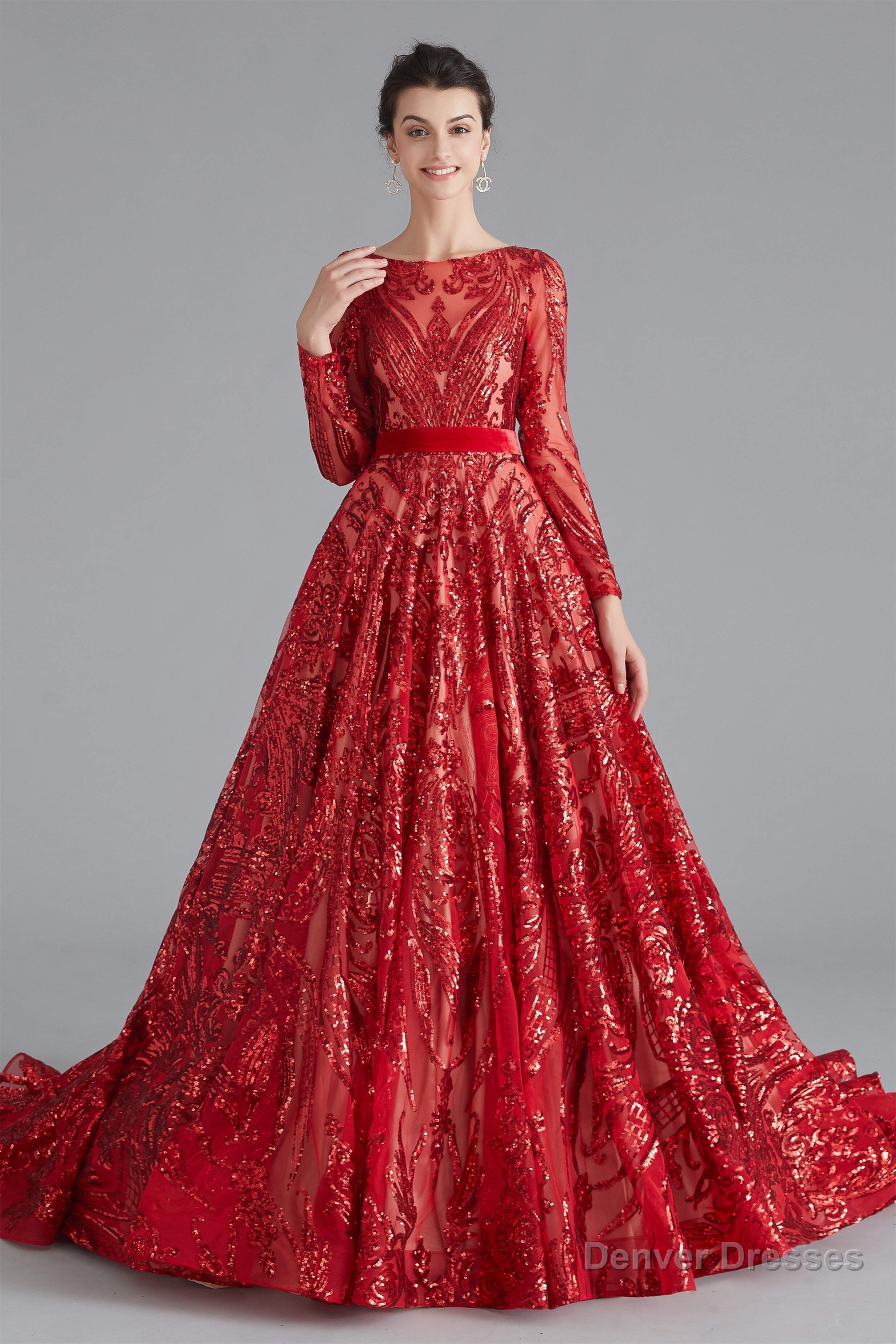 A-Line Luxury Sequins Long Sleeve Backless Prom Dresses