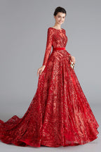 A-Line Luxury Sequins Long Sleeve Backless Prom Dresses