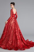 A-Line Luxury Sequins Long Sleeve Backless Prom Dresses