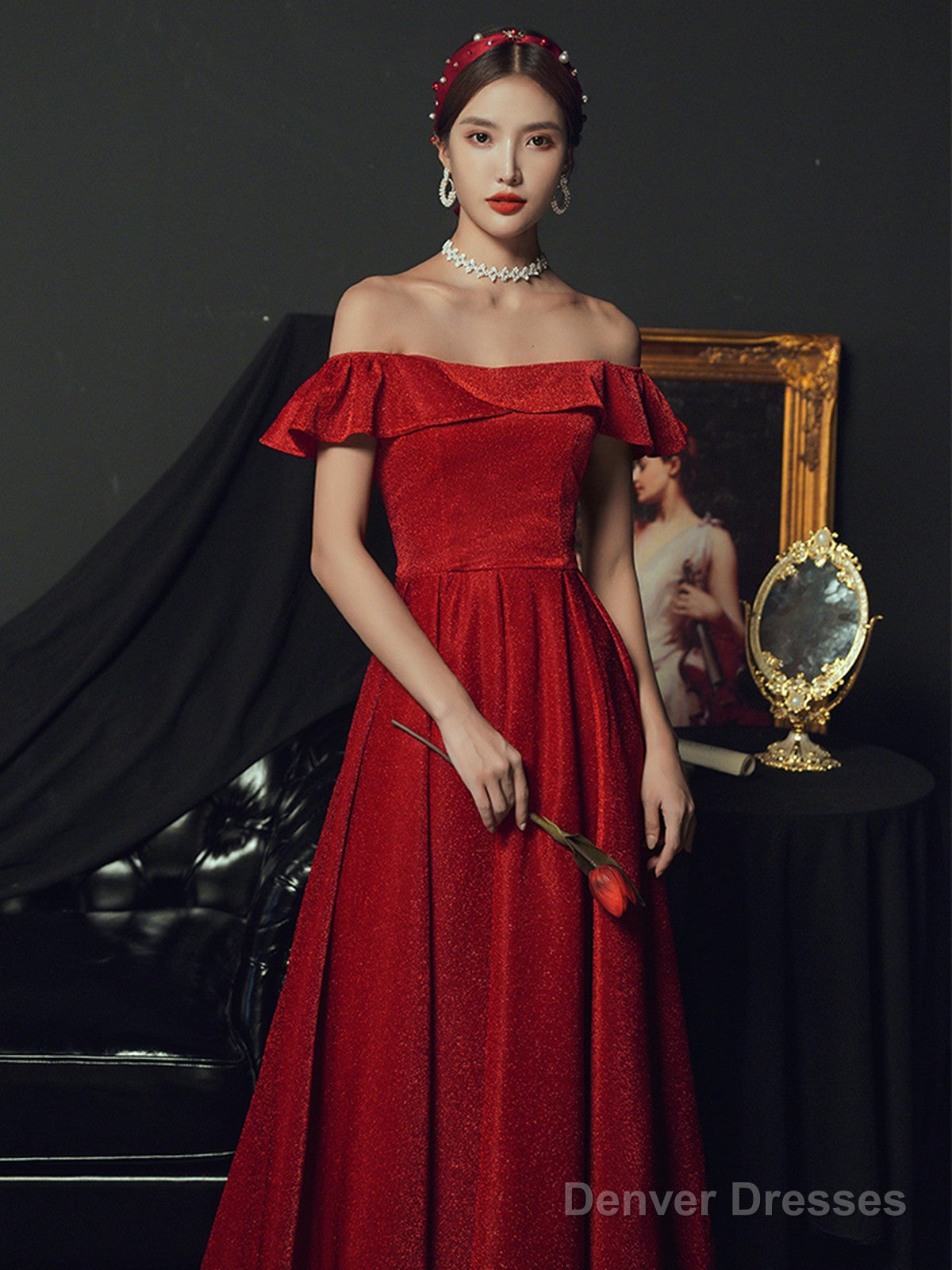 Red Off Shoulder A-Line Long Party Dress Formal Dress, Red Long Prom Dress Secondary image