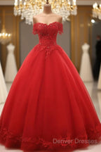 Red Off Shoulder Long Party Dress, A-Line Tulle Evening Dress Formal Gown