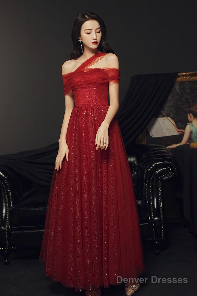 Red Off Shoulder Tulle Long Party Dress, Red A-Line Tulle Formal Dress Prom Dress