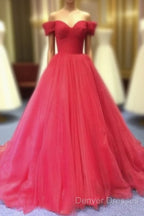 Red Off Shoulder Tulle Prom Gown, Sweet 16 Party Gown, Charming Red Formal Dress