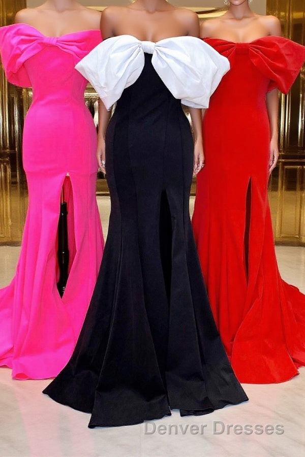Red Off-the-Shoulder Bow Mermaid Prom Gown with Slit Main image