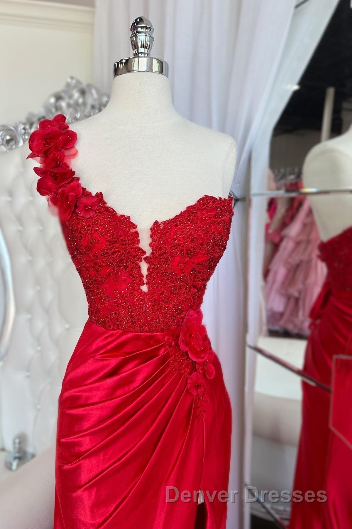Red One-Shoulder 3D Floral Lace Pleated Long Gown with Slit Secondary image