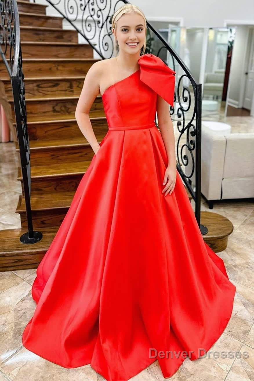 Red One Shoulder Bow Tie Satin Prom Dress with Pockets Main image