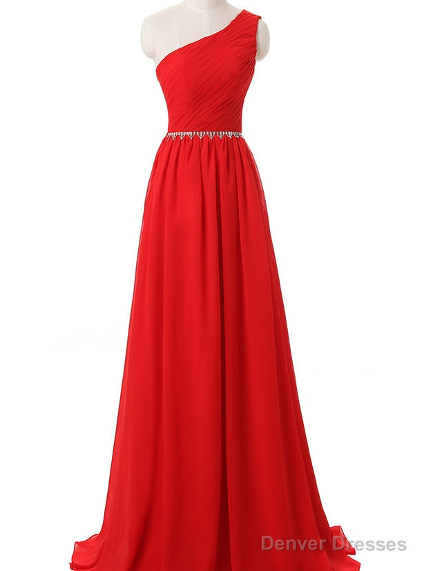Red One Shoulder Chiffon Pleats Floor Length Prom Dresses Main image