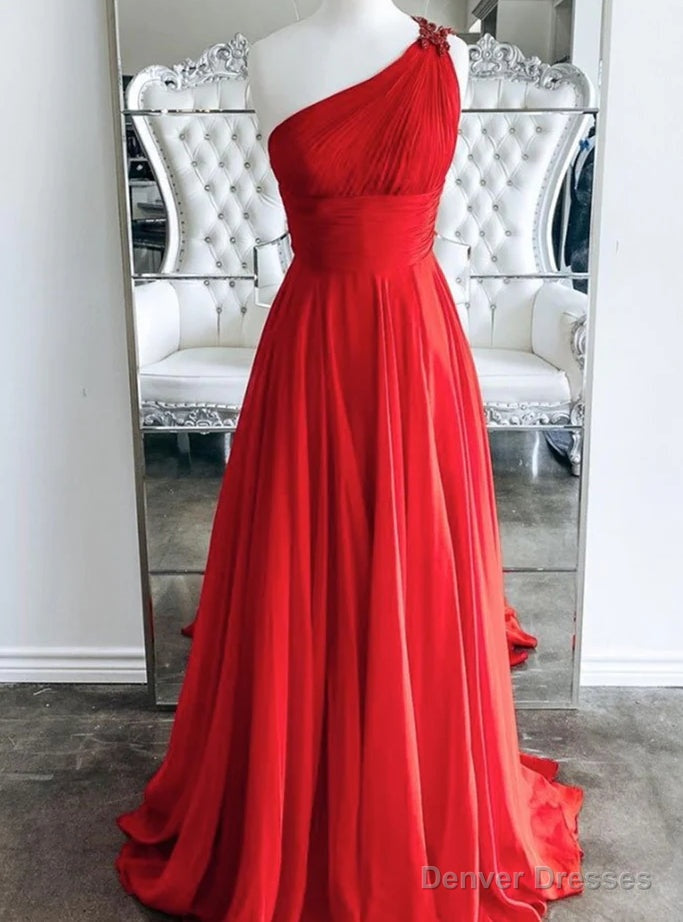 Red One Shoulder Pleats Prom Dress Main image