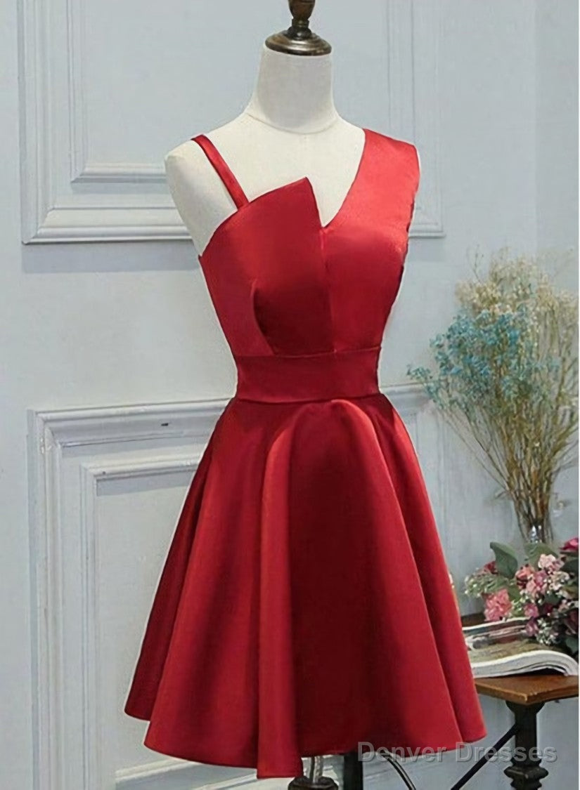 Red One Shoulder Satin Knee Length Homecoming Dress Party Dress, Short Prom Dress Formal Dress Main image