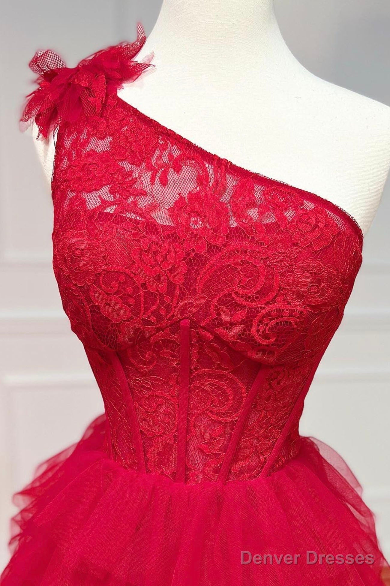 Red One Shoulder Tulle Layers Long Prom Dress with Lace, A-Line Evening Party Dress Secondary image