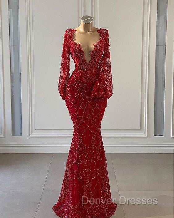 Red Prom Dress Long Prom Dress Long Sleeve Lace Mermaid Evening Gowns Main image