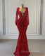 Red Prom Dress Long Prom Dress Long Sleeve Lace Mermaid Evening Gowns