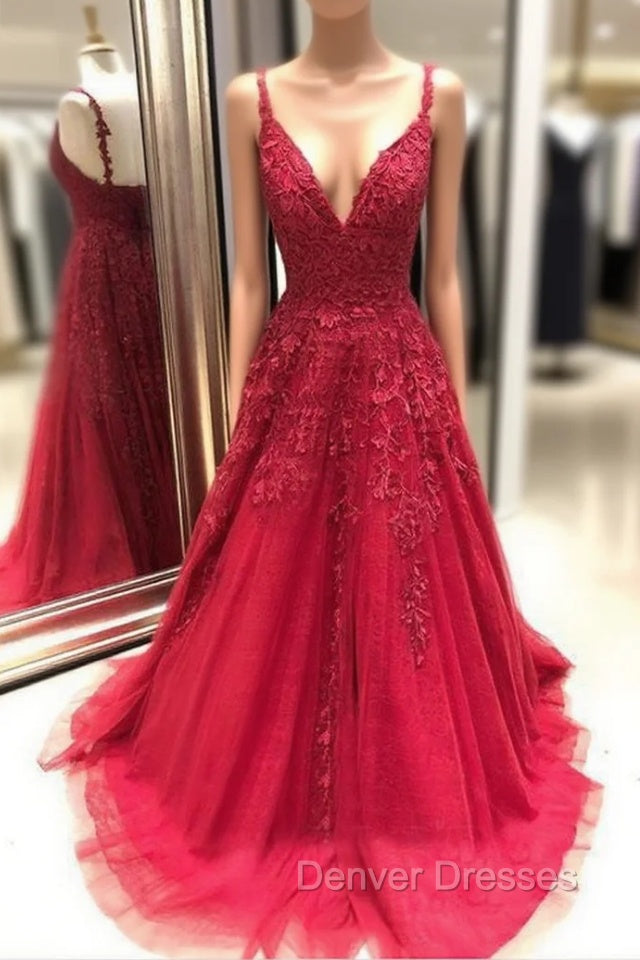 Red Prom Dress, A-line/Princess V Neck Sleeveless Sweep Train Tulle Prom Dress With Appliqued