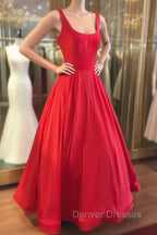 Red Prom Dress, A-line Square Neckline Regular Straps Long/Floor-Length Satin Prom Dress