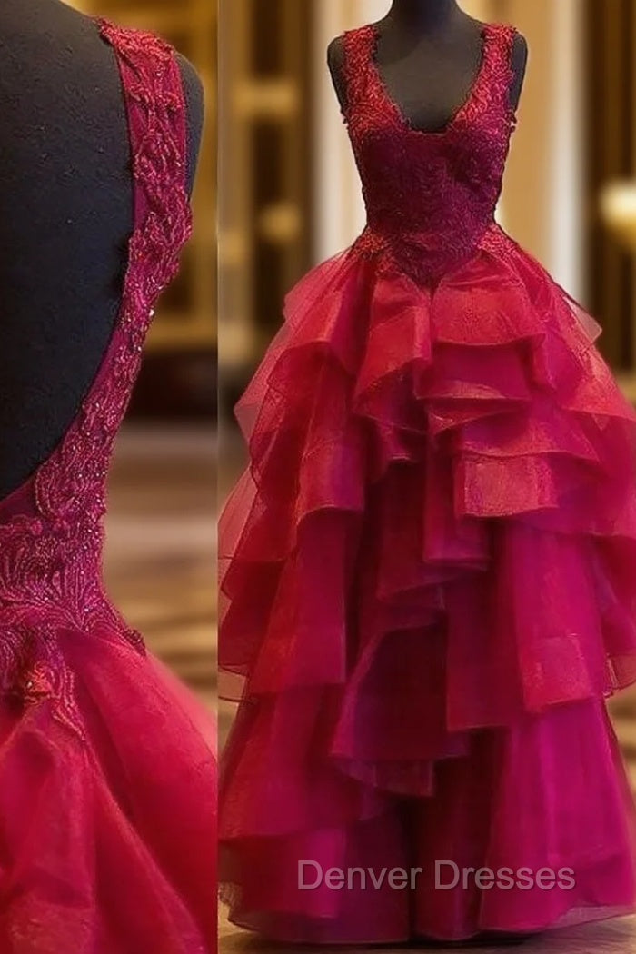 Red Prom Dress, Ball Gown Square Neckline Sleeveless Long/Floor-Length Organza Prom Dress With Ruffles Appliqued Beading Main image