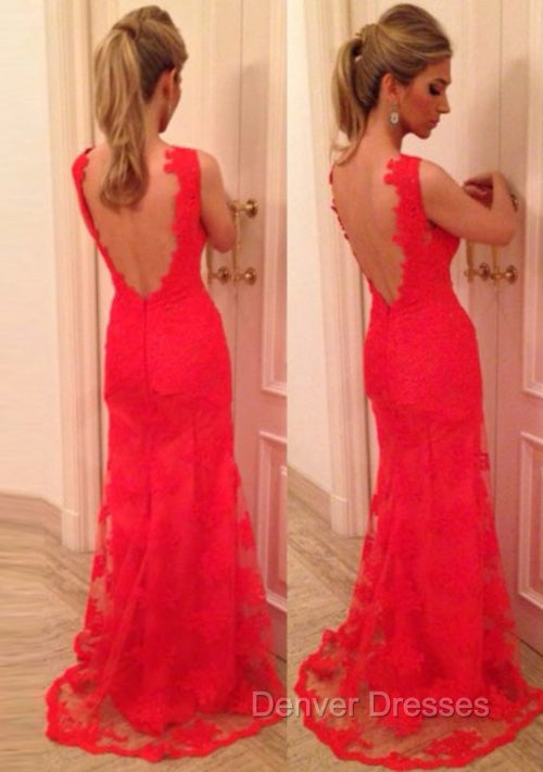 Red Prom Dress, Sheath/Column V Neck Sleeveless Sweep Train Lace Prom Dress With Appliqued Secondary image