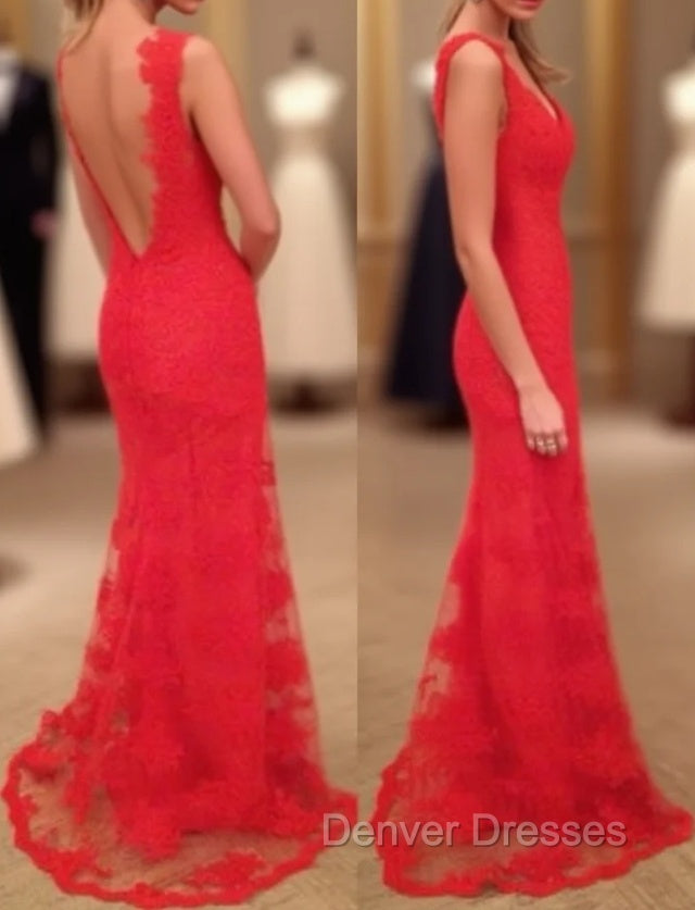 Red Prom Dress, Sheath/Column V Neck Sleeveless Sweep Train Lace Prom Dress With Appliqued Main image