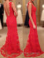 Red Prom Dress, Sheath/Column V Neck Sleeveless Sweep Train Lace Prom Dress With Appliqued