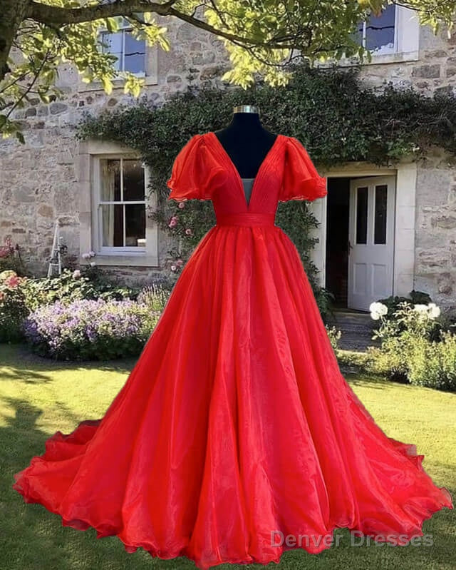 Red Puffy Sleeve Ball Gown V-Neck Dress Main image