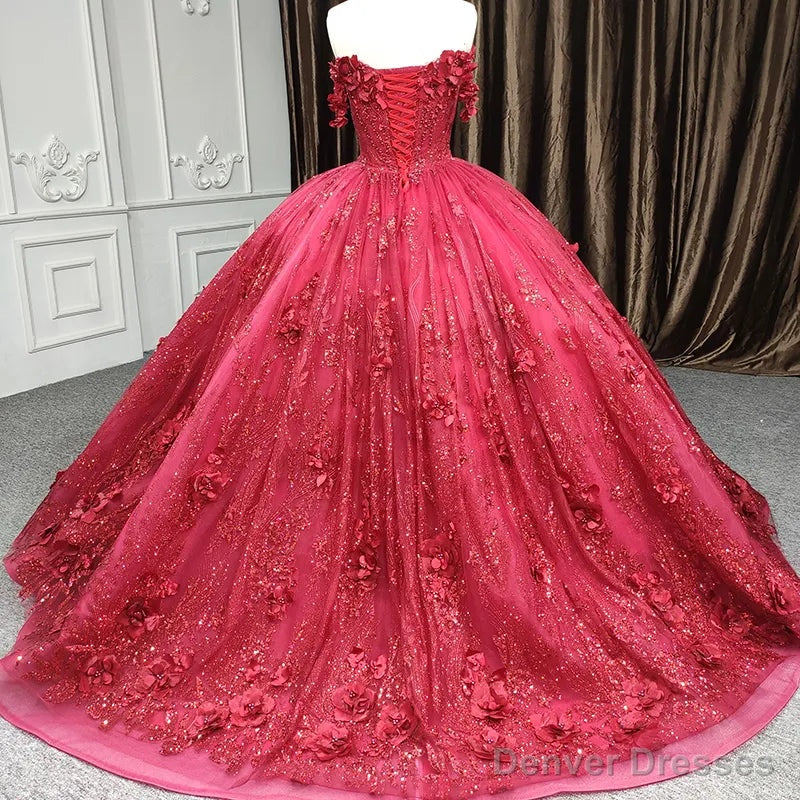 Red Quinceanera Dress Ball Gown Sequined Flowers