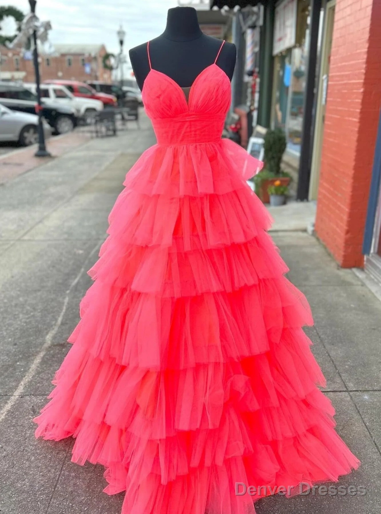 Red Red Spaghetti Straps Tiers Prom Dress Main image