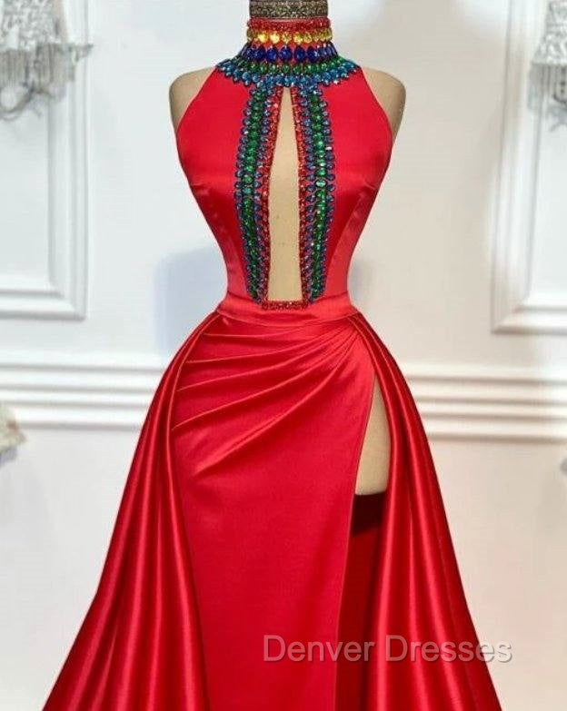 Red Robe De Soiree A-Line High Collar Satin Crystals Slit Sexy Long Prom Dress Prom Gown Evening Dress Secondary image