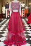 Red Round Neck Sequin Two Pieces Long Prom Dress, Evening Dress
