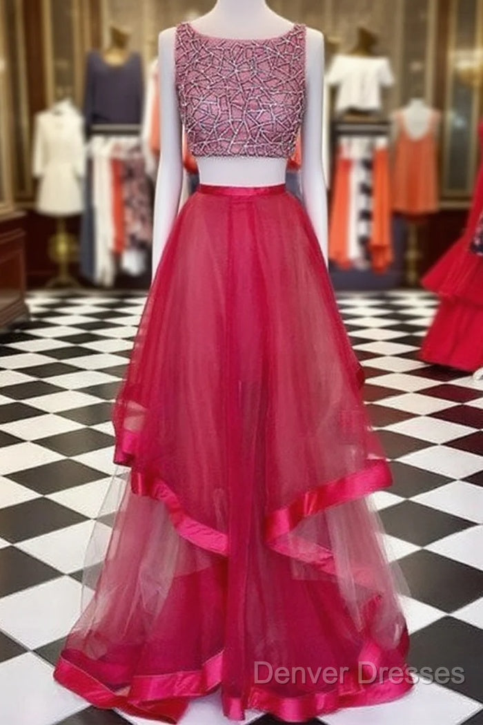 Red Round Neck Sequin Two Pieces Long Prom Dress, Evening Dress Main image
