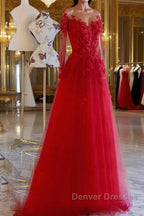 Red round neck tulle lace long prom Dress, red evening Dress