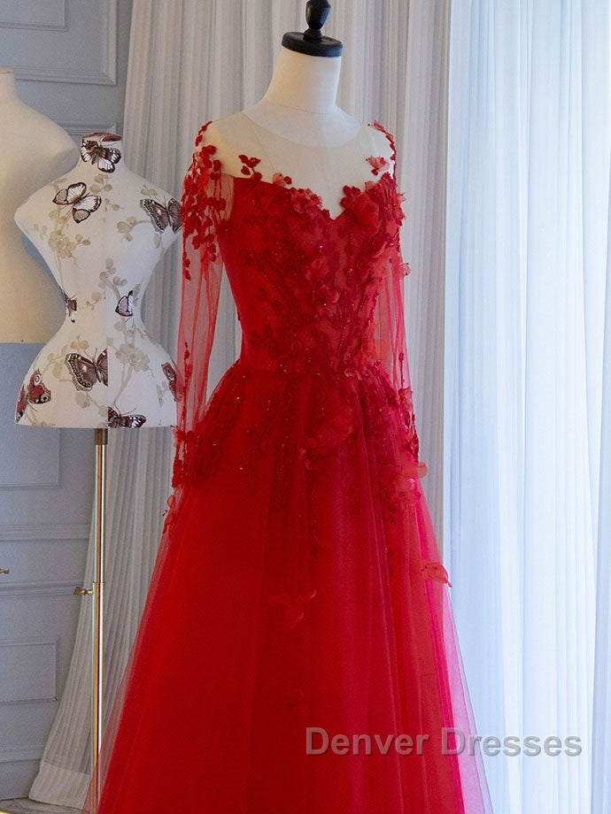 Red round neck tulle lace long prom Dress, red evening Dress Secondary image