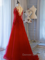 Red round neck tulle lace long prom Dress, red evening Dress