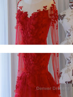 Red round neck tulle lace long prom Dress, red evening Dress