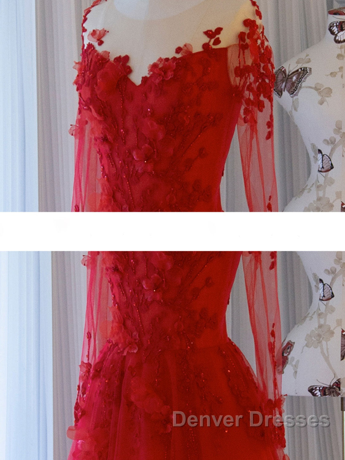 Red round neck tulle lace long prom Dress, red evening Dress
