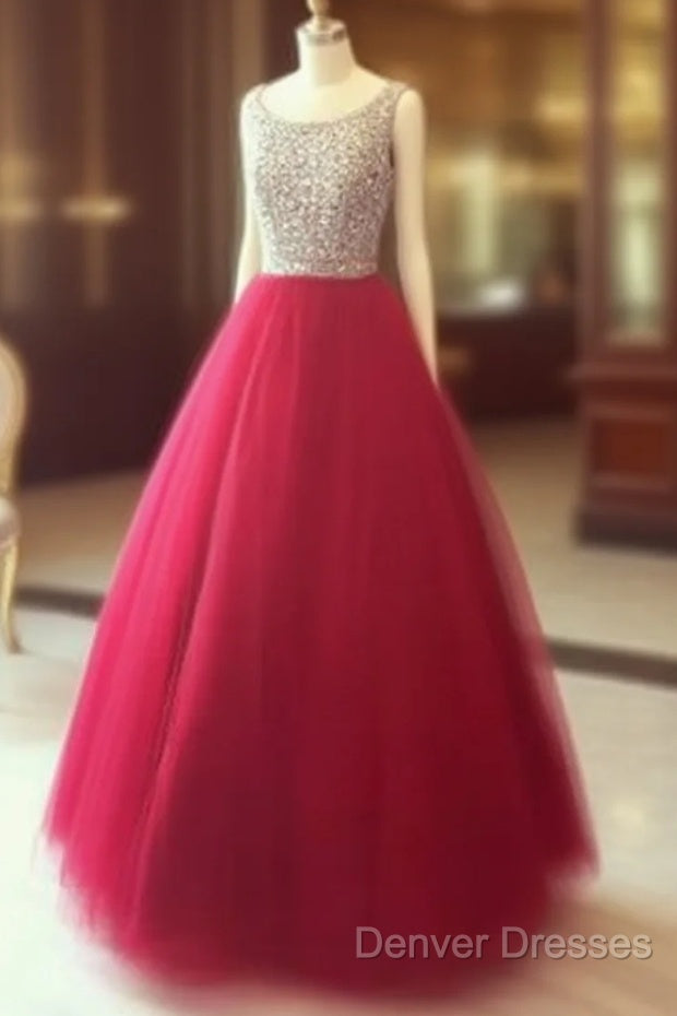 Red Round Neck Tulle Rhinestones Long Prom Dress, Red Evening Dress Main image
