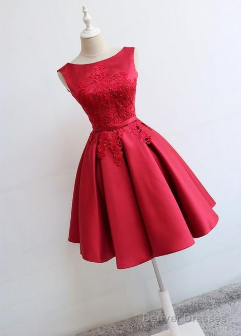 Red Round Neckline Short Satin Party Dresses, Red Formal Dresses, Short Homecoming Dress Main image