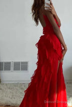 Red Ruffles Long Formal Dress Elegant Evening Dresses Mermaid