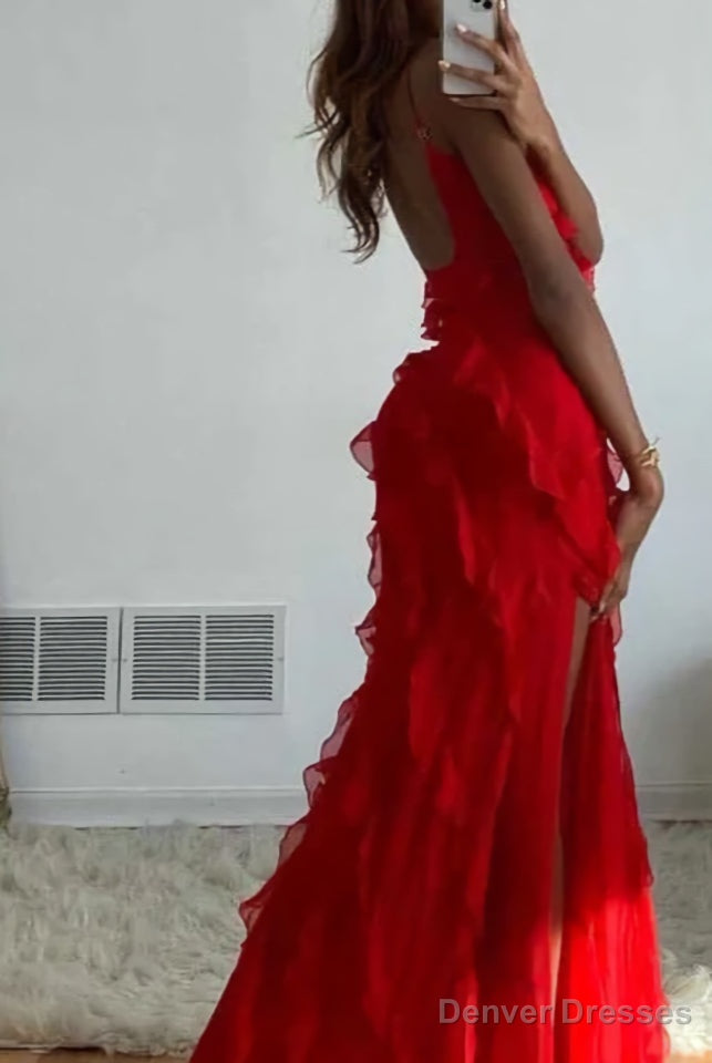 Red Ruffles Long Formal Dress Elegant Evening Dresses Mermaid